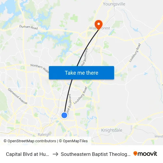 Capital Blvd at Huntleigh Dr to Southeastern Baptist Theological Seminary map