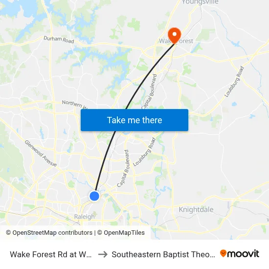 Wake Forest Rd at Whitaker Mill Rd to Southeastern Baptist Theological Seminary map