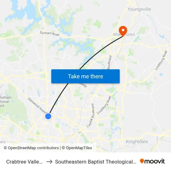 Crabtree Valley Mall to Southeastern Baptist Theological Seminary map