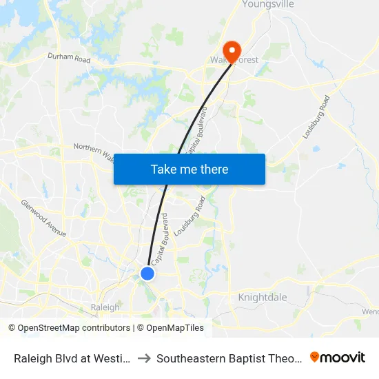 Raleigh Blvd at Westinghouse Blvd to Southeastern Baptist Theological Seminary map