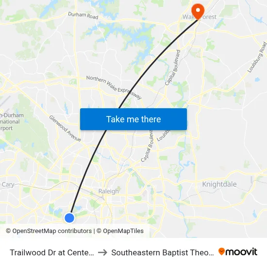 Trailwood Dr at Centennial Knoll Cir to Southeastern Baptist Theological Seminary map