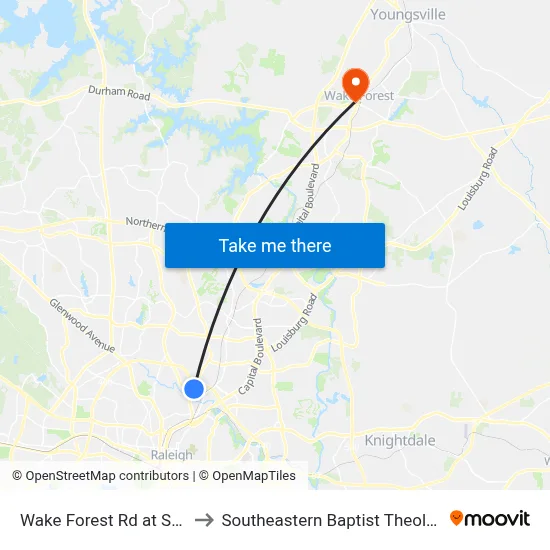 Wake Forest Rd at Six Forks (Sb) to Southeastern Baptist Theological Seminary map