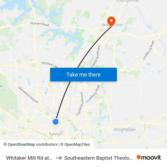 Whitaker Mill Rd at Reaves Dr to Southeastern Baptist Theological Seminary map