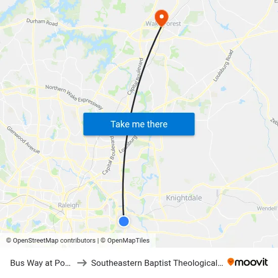 Bus Way at Poole Rd to Southeastern Baptist Theological Seminary map