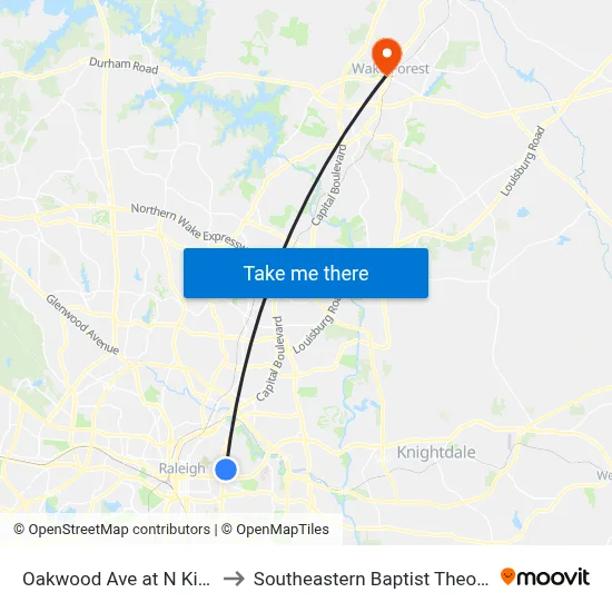 Oakwood Ave at N King Charles Rd to Southeastern Baptist Theological Seminary map