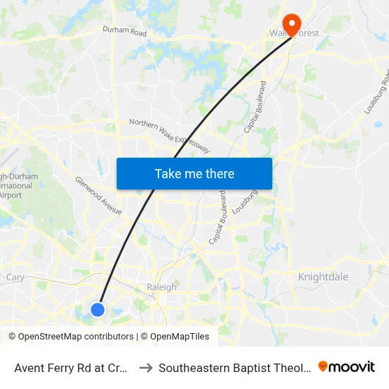 Avent Ferry Rd at Crab Orchard Dr to Southeastern Baptist Theological Seminary map