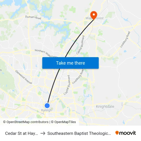 Cedar St at Haynes St to Southeastern Baptist Theological Seminary map