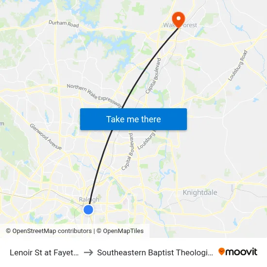 Lenoir St at Fayetteville St to Southeastern Baptist Theological Seminary map