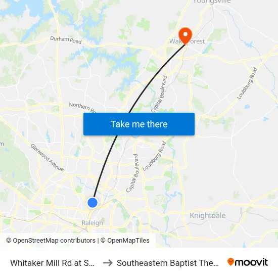 Whitaker Mill Rd at Sunrise Ave (Ob) to Southeastern Baptist Theological Seminary map
