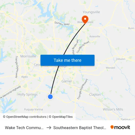 Wake Tech Community College to Southeastern Baptist Theological Seminary map