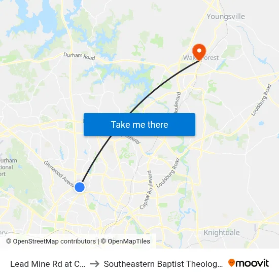 Lead Mine Rd at Charles Dr to Southeastern Baptist Theological Seminary map