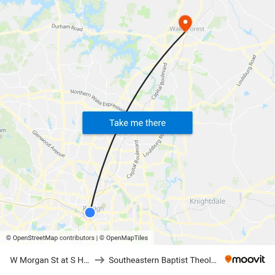 W Morgan St at S Harrington St to Southeastern Baptist Theological Seminary map