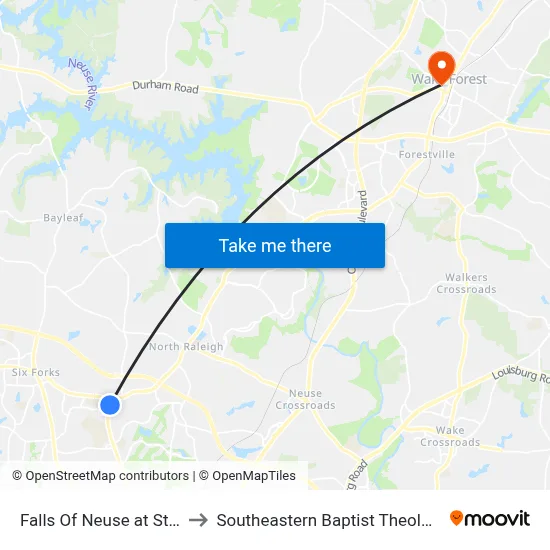 Falls Of Neuse at Strickland Rd to Southeastern Baptist Theological Seminary map