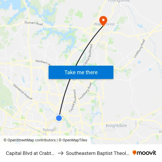 Capital Blvd at Crabtree Blvd (Nb) to Southeastern Baptist Theological Seminary map