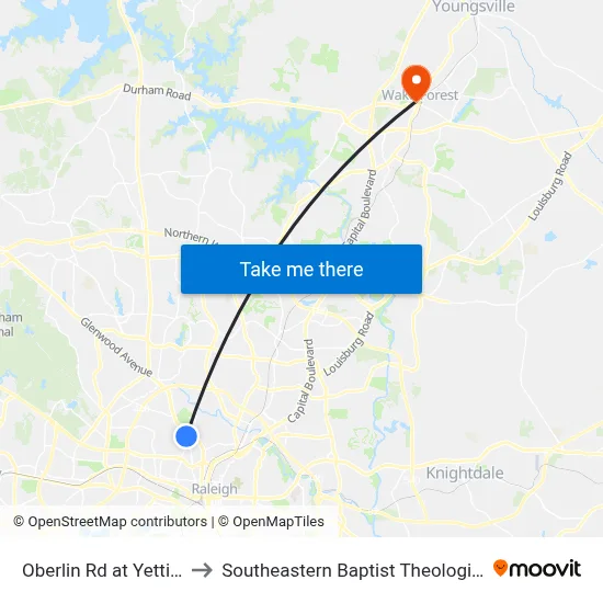 Oberlin Rd at Yettington Dr to Southeastern Baptist Theological Seminary map