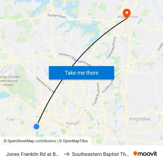 Jones Franklin Rd at Barringer Dr (North) to Southeastern Baptist Theological Seminary map