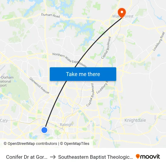 Conifer Dr at Gorman St to Southeastern Baptist Theological Seminary map