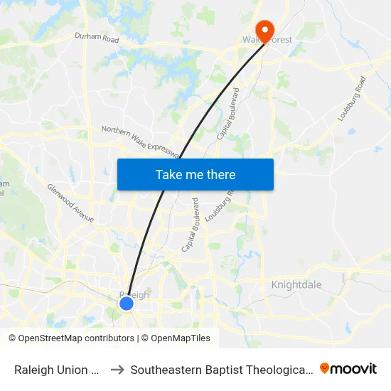 Raleigh Union Station to Southeastern Baptist Theological Seminary map