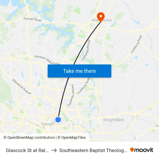 Glascock St at Raleigh Blvd to Southeastern Baptist Theological Seminary map