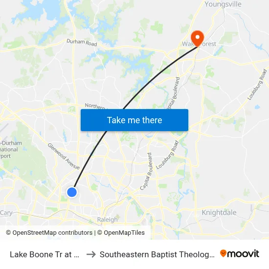 Lake Boone Tr at Horton St to Southeastern Baptist Theological Seminary map