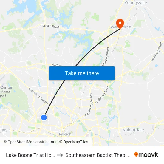 Lake Boone Tr at Horton St (Ob) to Southeastern Baptist Theological Seminary map