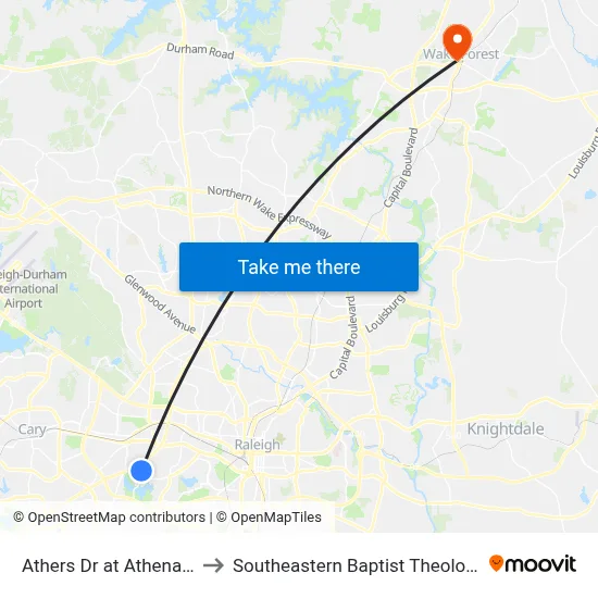 Athers Dr at Athena Woods Ln to Southeastern Baptist Theological Seminary map
