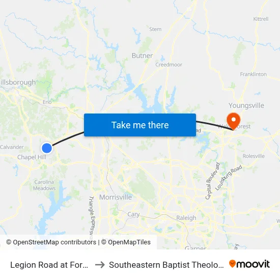 Legion Road at Formosa Drive to Southeastern Baptist Theological Seminary map