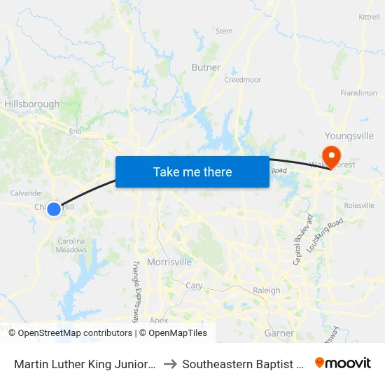 Martin Luther King Junior Boulevard at Town Hall to Southeastern Baptist Theological Seminary map