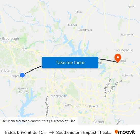 Estes Drive at Us 15-501 Bypass to Southeastern Baptist Theological Seminary map
