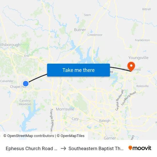 Ephesus Church Road at Frances Street to Southeastern Baptist Theological Seminary map