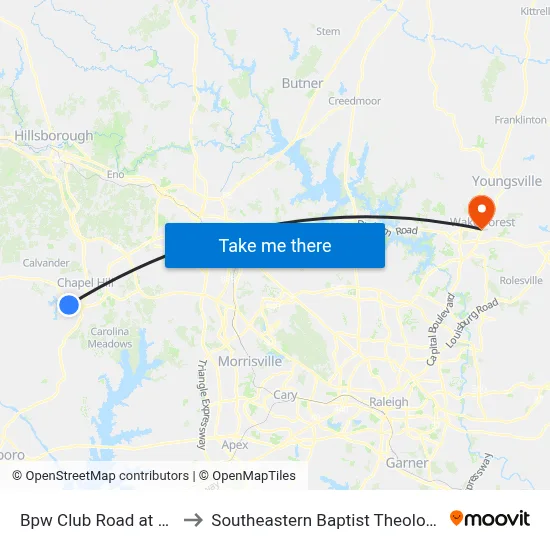 Bpw Club Road at Orchard Ln to Southeastern Baptist Theological Seminary map