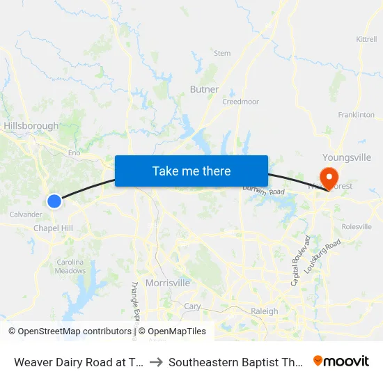 Weaver Dairy Road at Timberlyne Village to Southeastern Baptist Theological Seminary map
