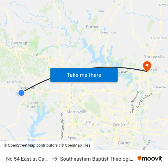 Nc 54 East at Canterbury to Southeastern Baptist Theological Seminary map