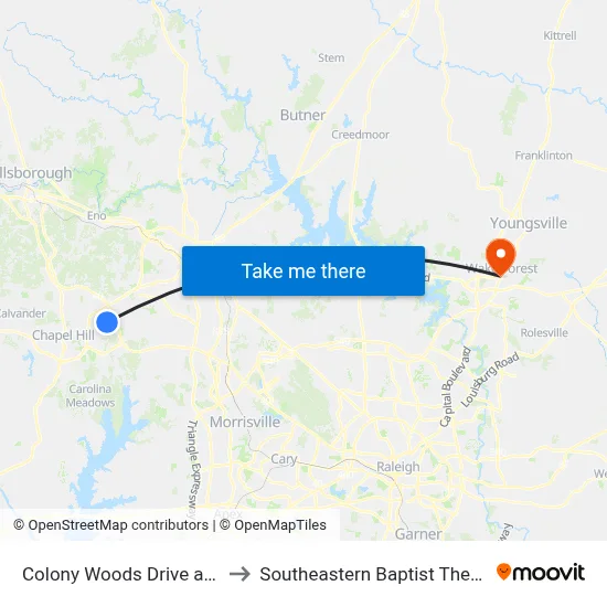 Colony Woods Drive at Overland Drive to Southeastern Baptist Theological Seminary map