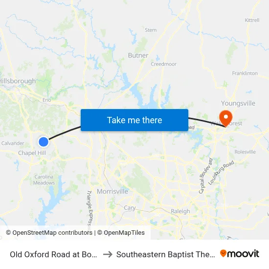 Old Oxford Road at Booker Creek Road to Southeastern Baptist Theological Seminary map