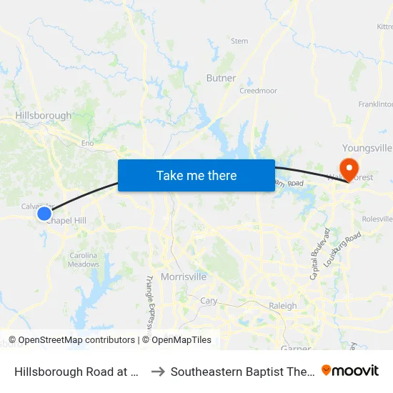 Hillsborough Road at Mcdougle School to Southeastern Baptist Theological Seminary map