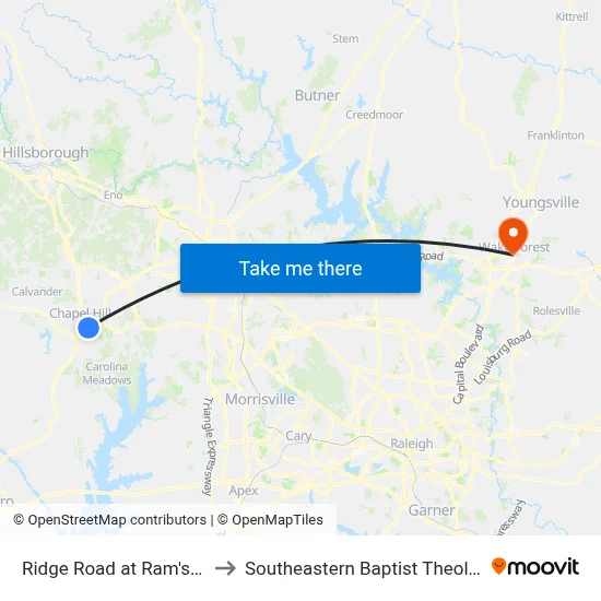 Ridge Road at Ram's Head Center to Southeastern Baptist Theological Seminary map