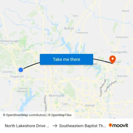 North Lakeshore Drive at Brookview Road to Southeastern Baptist Theological Seminary map