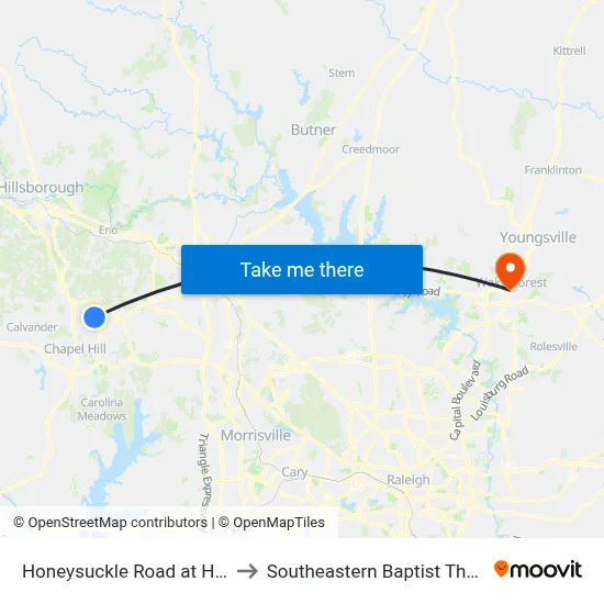 Honeysuckle Road at Honeysuckle Court to Southeastern Baptist Theological Seminary map