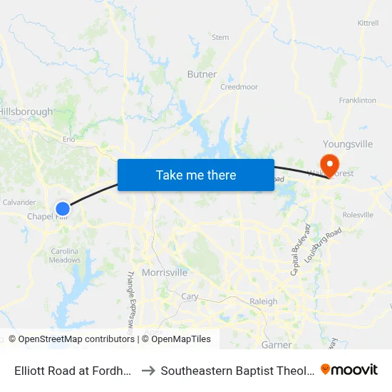 Elliott Road at Fordham Boulevard to Southeastern Baptist Theological Seminary map