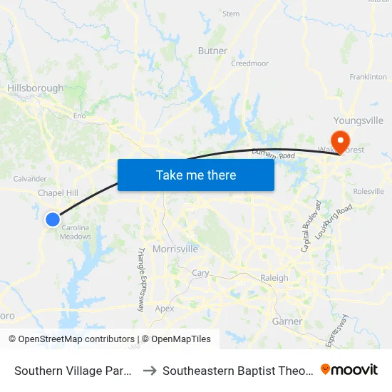Southern Village Park-And-Ride Lot to Southeastern Baptist Theological Seminary map