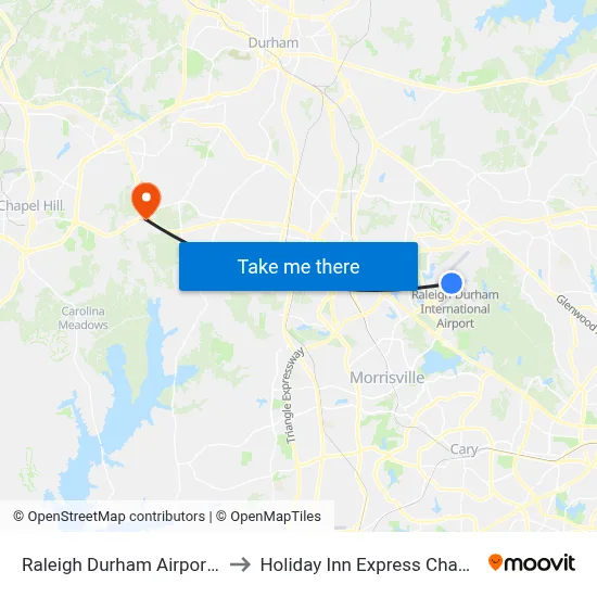 Raleigh Durham Airport RDU to Holiday Inn Express Chapel Hill map