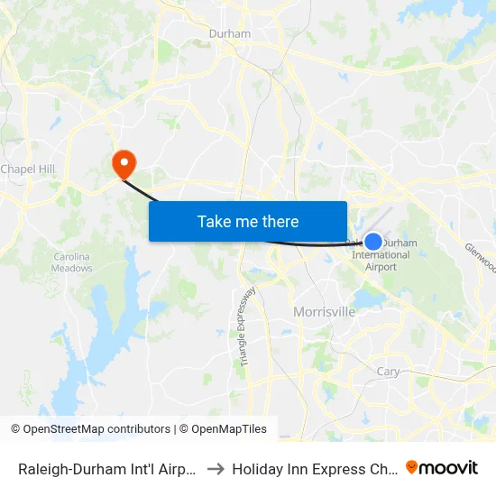 Raleigh-Durham Int'l Airport (RDU) to Holiday Inn Express Chapel Hill map