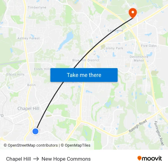 Chapel Hill to New Hope Commons map