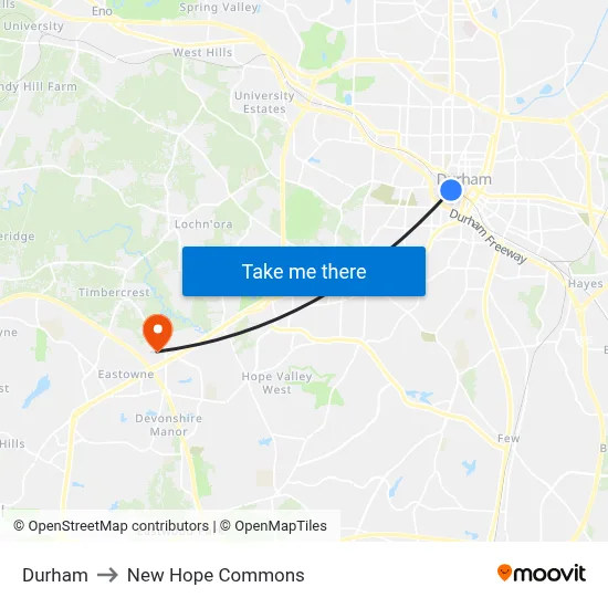 Durham to New Hope Commons map