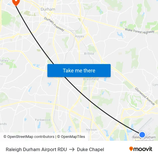 Raleigh Durham Airport RDU to Duke Chapel map