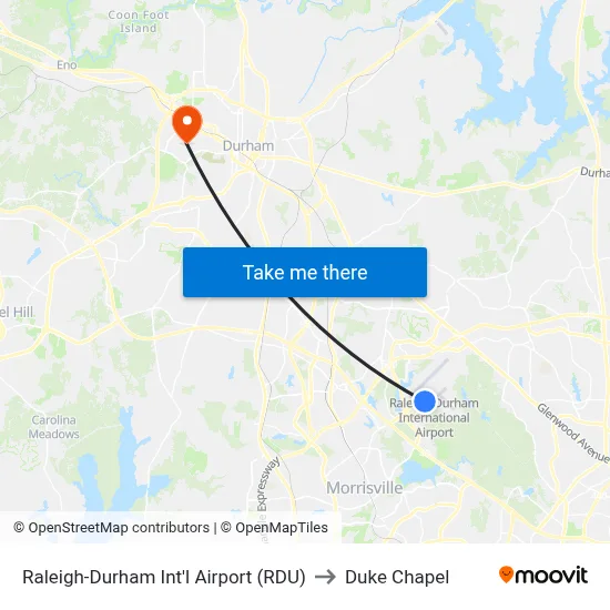 Raleigh-Durham Int'l Airport (RDU) to Duke Chapel map