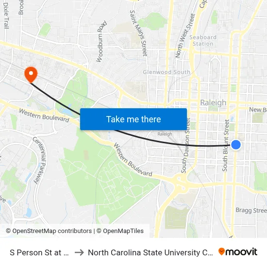 S Person St at Davie St to North Carolina State University Central Campus map