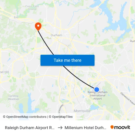 Raleigh Durham Airport RDU to Millenium Hotel Durham map