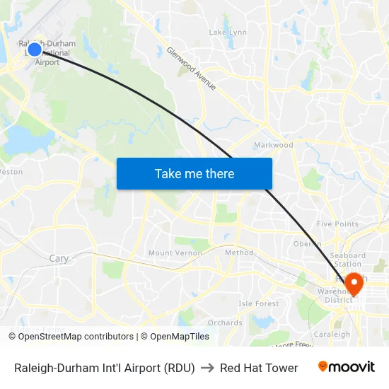 Raleigh-Durham Int'l Airport (RDU) to Red Hat Tower map
